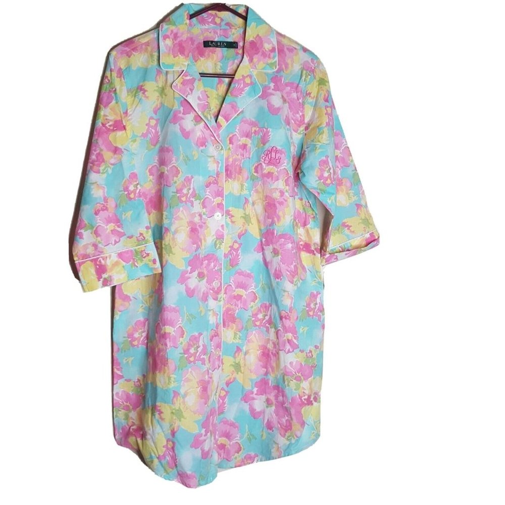 Ralph Lauren Nightshirt Sleep Shirt Button Monogram Floral Hawaiian Size Medium